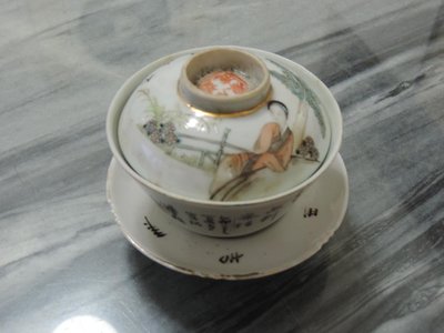 ~早期收藏 ~中國 清末 瓷器 彩釉瓷杯 茶托茶杯杯蓋三件式 瓷碗蓋杯蓋碗茶碗   芭蕉美人  ~ 落款:唐益源造~
