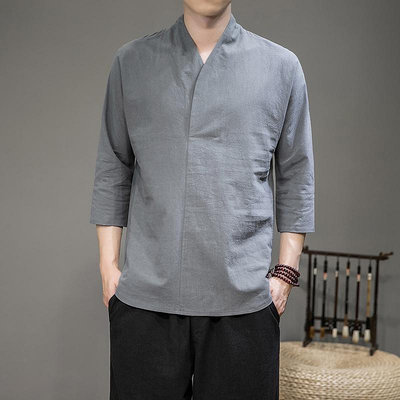 鮑勃の生活館男士短袖T恤 M-5XL 寬鬆大尺碼亞麻上衣 中國風棉麻七分袖 上衣 男生衣著