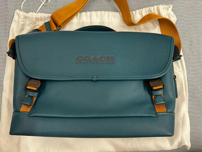 COACH 壓紋LOGO皮革翻蓋手提斜背包.特殊藍綠色