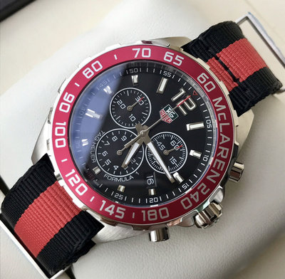 TAG HEUER Formula 1 McLaren Limited 黑色錶盤 紅色配黑色尼龍錶帶 石英 三眼計時 男士手錶 CAZ1112.FC8188