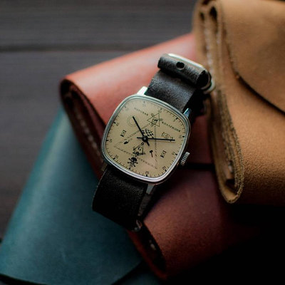 【立減20】烏克蘭代購 Rare◇古著復古共濟會個性方形真皮男士手表機械腕表