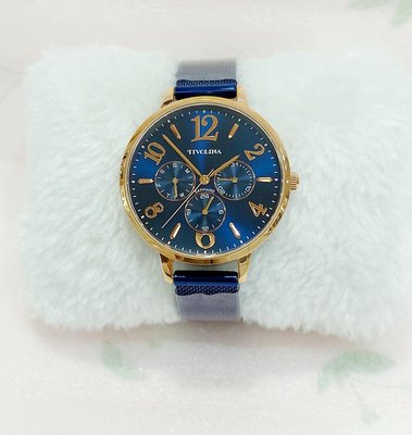 ＊迪奧小店＊日本Tivolina三眼藍米蘭手錶/玫瑰金框/實用時尚/日本機芯/湛藍色/特價