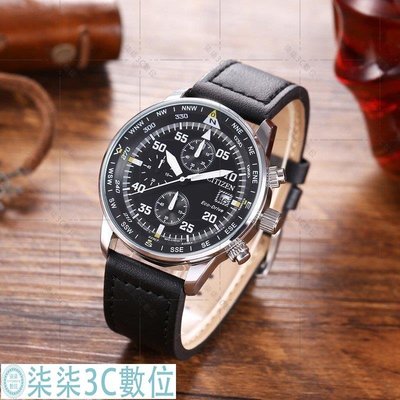 『柒柒3C數位』最新設計CITIZEN 星辰手錶 男士石英腕錶 黑色/棕色天使世界計時皮革錶帶手錶