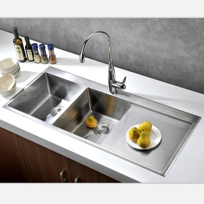 廚房水槽304不銹鋼手工水槽 加大雙槽帶瀝水板 家用廚房手工槽洗菜盆