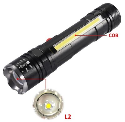 L2燈泡+COB側光+尾部強磁+變焦+USB充電 L2手電筒 磁鐵手電筒 工作燈 USB手電筒