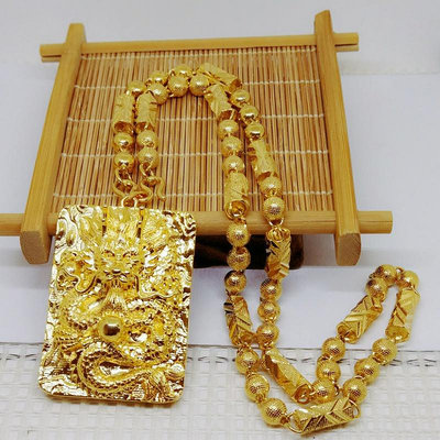 南非錫金首飾爆款龍牌配實心六角鏈飾品 黃銅鍍金首飾品