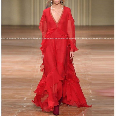紅毯 浪漫多層次蛋糕荷滾邊 紅色深領高腰傘狀飄逸連身洋裝禮服超值-簡單女裝