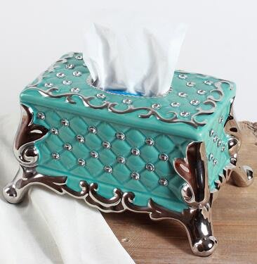 4755A 歐式宮廷風造型陶瓷面紙盒 鑲鑽藍色典雅紙巾盒 抽紙盒衛生紙盒桌面擺飾