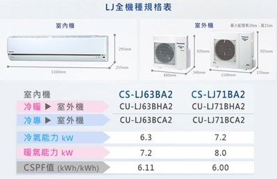 ☎【含標準安裝】Panasonic國際牌  LJ系列 變頻冷暖分離式冷氣(CS-LJ63BA2/CU-LJ63BHA2)