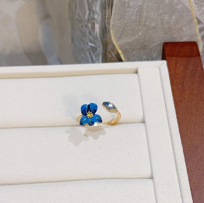 【MOMO全球購】法國Les Nereides梵高鳶尾花系列 藍色鳶尾花 可調節開口戒指指環