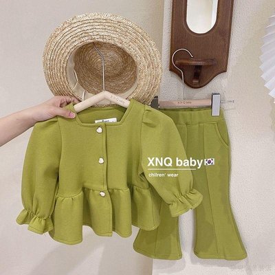【熱賣現貨】女童秋裝套裝 兒童素色兩件套 寶寶小香風外套 長褲 時髦 洋氣