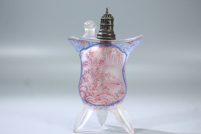 悅年堂 --- 清 乾隆 天然玻璃 彩繪 山水風景圖 三角鼎爐 特殊造型 鼻煙壺