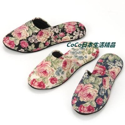 日本製優雅的玫瑰花卉圖案輕便舒適底部有防滑~室內拖鞋(黑色)