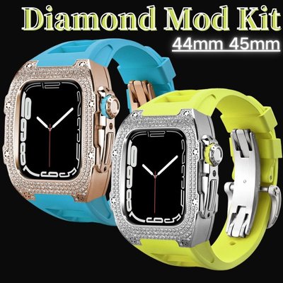 gaming微小配件-奢華手錶改裝套裝 適用Apple Watch s8 改裝 帶鑽金屬錶殼 7代 6 5 4 44mm 45mm 橡膠錶帶-gm