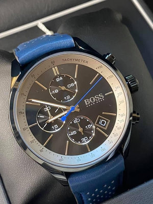 HUGO BOSS Grand Prix 黑色錶盤 藍色皮革錶帶 石英 三眼計時 男士手錶 1513563