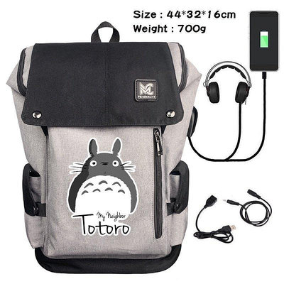 新款推薦 龍貓周邊學生雙肩背包USB充電無臉男印花休閒電腦包行李袋旅行包 桶包