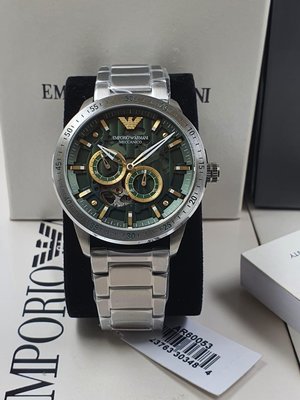 EMPORIO ARMANI Mario 綠色面 鏤空錶盤 銀色不鏽鋼錶帶 男士 自動機械錶 AR60053 亞曼尼腕錶