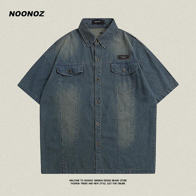 威登服裝城 NOONOZ美式高街水洗做舊牛仔短袖襯衫男潮流夏季嘻哈百搭情侶襯衣 NX4429