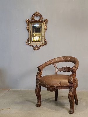 ⚜️卡卡頌 歐洲古董⚜️1880s 法國百年 文藝復興 手工雕刻  獅頭 獸腳 真皮 書桌椅 皮椅 古董椅S7  ✬