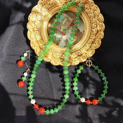 檸檬飾品小屋東方韻味 綠天然石串珠 綠瑪瑙  新中式項鍊 復古紅瑪瑙珍珠手鍊 耳環 套裝