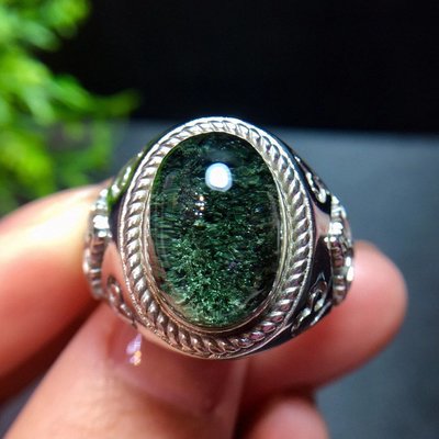 ❤妙玉生花優品購❤ 14.5×10mm綠幽靈戒指， 925銀鑲嵌，活口戒託