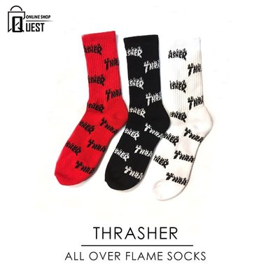 【QUEST】THRASHER ALL OVER FLAME SOCKS 火焰 滿版 字體 長襪 高筒襪 紅色 黑色