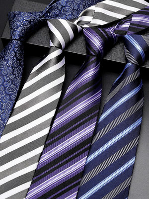 男士正裝桑蠶絲領帶商務手打高檔條紋紫藍色8CM真絲職業禮盒休閑~佳樂優選