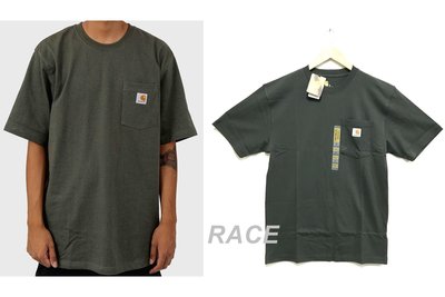 【RACE】CARHARTT K87 WORKWEAR T恤 口袋T 短袖 圓領T 重磅 美版 LOGO 軍綠 炭灰綠