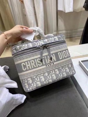 【二手】Dior/迪奧 老花灰色復古帆布刺繡手提化妝包洗漱收納包盒子包