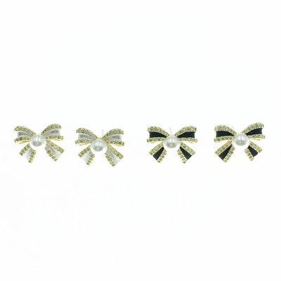韓國 925純銀 水鑽 珍珠 蝴蝶結 氣質 雙色 耳針式耳環