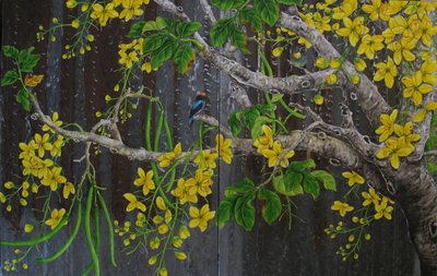 【ZEN CASA】工筆花卉裝飾畫*黃金雨阿勃勒樹*民宿裝飾品掛畫*南洋風鐵皮畫三片一組