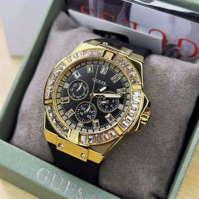 GUESS Venus 鑲水晶鑽 金色框黑色面錶盤 黑色橡膠錶帶 石英 女士手錶 GW0118L1 中性腕錶