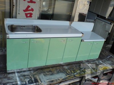 流理台【總長216公分-左水槽 共2件】台面&amp;櫃體不鏽鋼 綠色門板 最新款流理臺