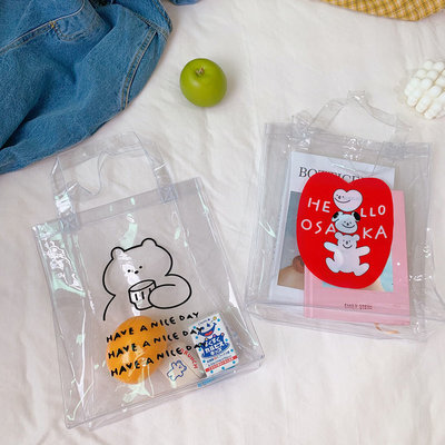現貨 韓國ins可愛新卡通小熊透明果凍手提包網紅pvc購物袋沙灘包大容量 環保袋 餐袋