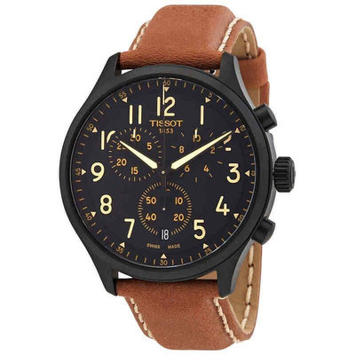 TISSOT Chrono XL Vintage 黑色面錶盤 棕色皮革錶帶 石英 三眼計時 男士手錶 T1166173605203
