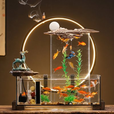 【熱賣精選】陶瓷流水客廳小型透明玻璃魚缸招財擺件家用桌面循環水生財裝飾品