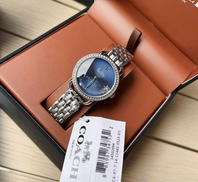 COACH Glitz 水鑽圈 藍色面錶盤 銀色不鏽鋼錶帶 石英 女士手錶 14502693