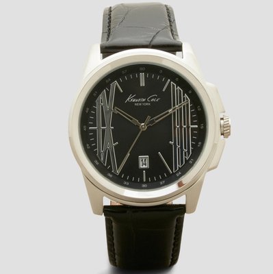 全新美國品牌 Kenneth Cole 黑色錶面皮革錶帶帥氣手錶，附原廠禮盒，低價起標無底價！本商品免運費！