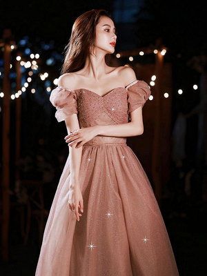 禮服輕奢晚禮服裙女新款爆款宴會氣質粉色藝考主持人設計感高級冬