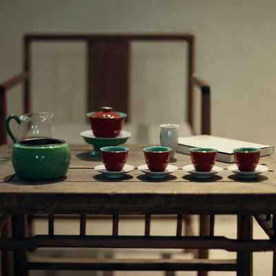 【現貨精選】故宮紅釉蓋碗中式瑪瑙綠復古風茶具家用整套裝客廳手繪釉下彩茶杯