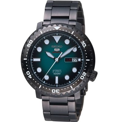 SEIKO WATCH 精工5號湖水綠面IP黑離子電鍍自動上鍊機械鋼帶腕錶 型號：SRPC65K1【神梭鐘錶】
