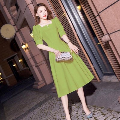 酪梨綠色女宴會氣質輕奢小眾高級洋裝法式平時可穿中長款洋裝-三島制衣SAMDAO