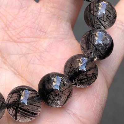 (( 漂亮黑髮晶 )) 透體黑碧璽髮絲多 11.5mm 手圍17 手鍊 手鏈 手珠子 手串 念珠 圓珠 手環 手排，天然水晶