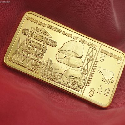 津巴布韋100萬億錢幣紀念幣方形鍍金塊 外幣方形金條金塊紀念硬幣-一點點