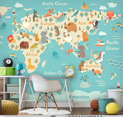 地圖兒童房墻紙男孩女孩臥室背景墻壁紙手繪卡通動物世界地圖壁畫墻布掛圖