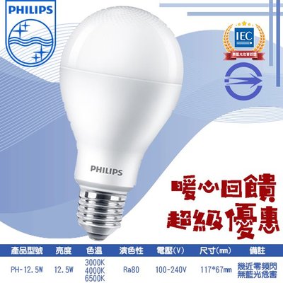 飛利浦❖基礎照明❖【PH-12.5W】LED-12.5W球泡燈 黃光白光自然光100-240V全電壓 適用居家、商業空間