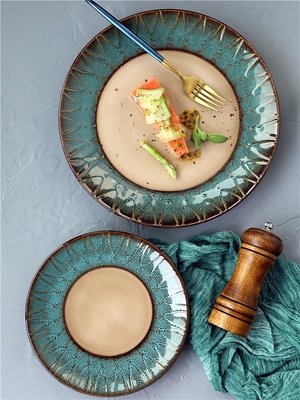 促銷打折 歐式孔雀紋藍綠色大盤創意餐盤圓形牛排盤陶瓷平盤菜盤熱銷