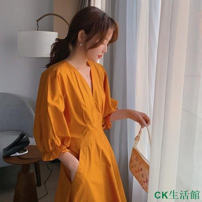 CK生活館薑黃色洋裝女夏 洋裝新款 法式桔梗復古V領顯瘦長裙 小個子初戀裙