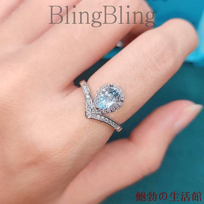 欣欣百貨✨BlingBling✨ 仿天然天空藍托帕石開口戒指 天然橄欖石水滴梨形皇冠戒指