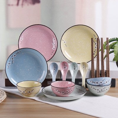 現貨：家用陶瓷餐具套裝盤碗勺筷日式創意盤子飯碗菜盤湯盤8英寸圓形盤